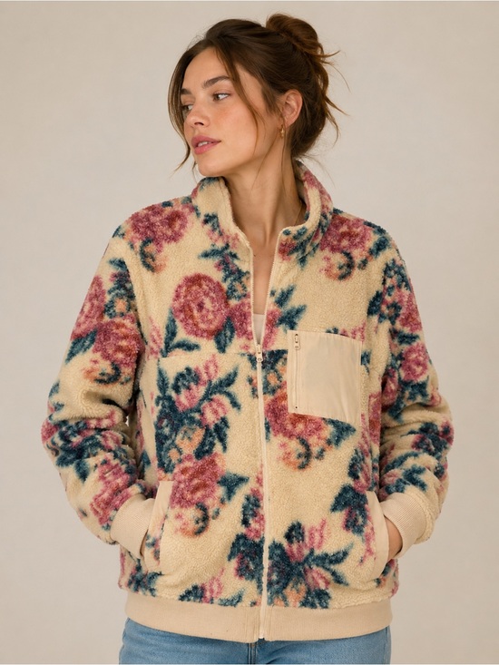 American Eagle Outfitters Jackets & Blazers - American Eagle Floral Sherpa Fleece Zip Jacket Medium Cozy Teddy Coat Oversized